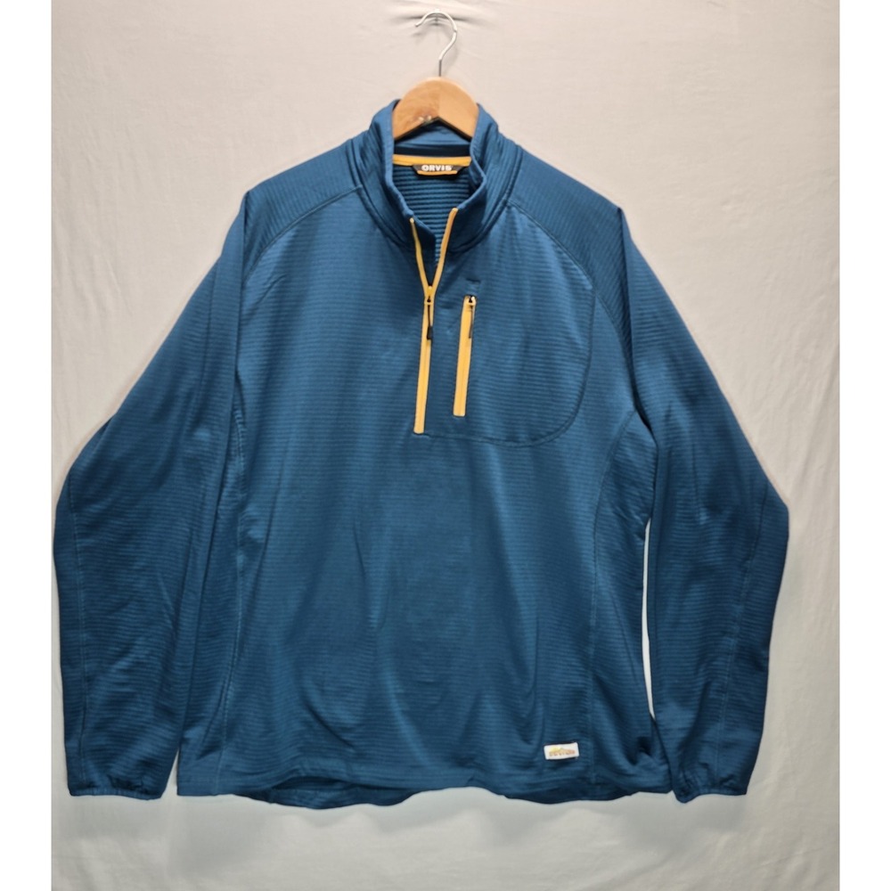 Orvis Mens XL Blue Quarter Zip Pullover Performance Fleece Grid Texture Outdoor